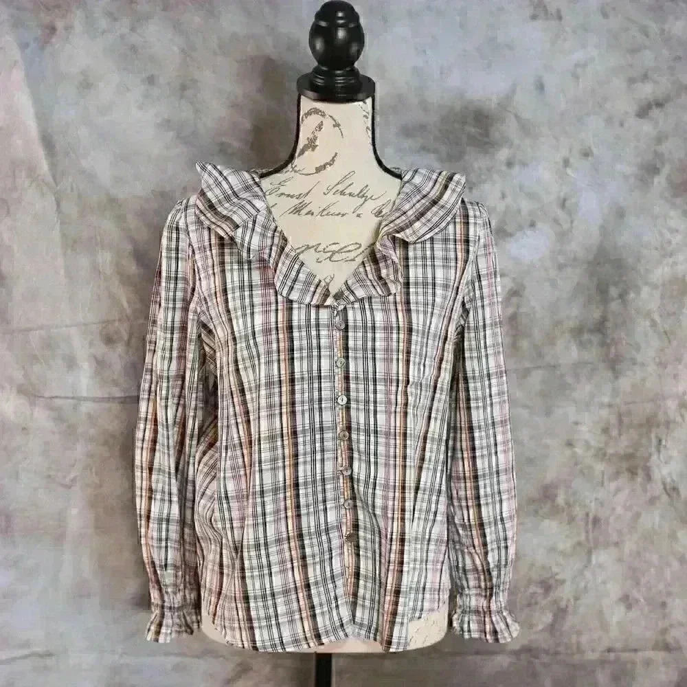 Women's Loft size LP flannel-look ruffle neck button down shirt cotton blend